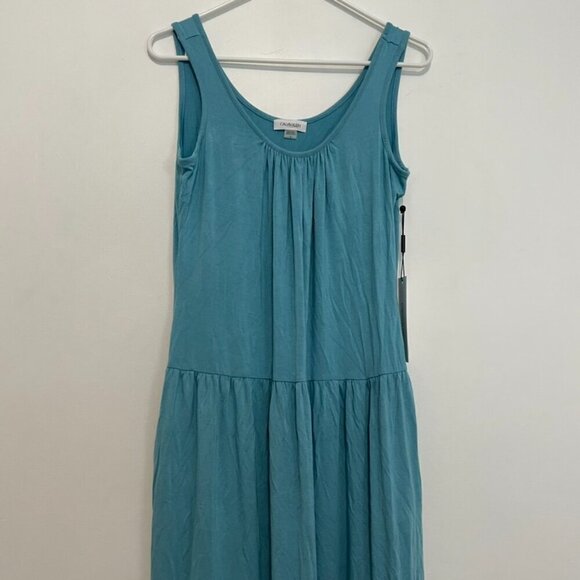 NEW NWT CALVIN KLEIN CK Sleeveless Tiered Dress Solid Aqua Blue Midi Sundress 6 - Picture 3 of 14